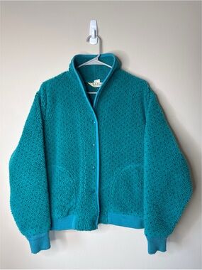Vintage LL Bean Fleece Jacket Teal with Polka Dots USA 90s Womens Large